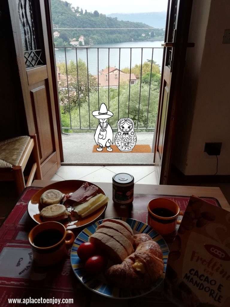 Our first breakfast with the view to Maggiore lake